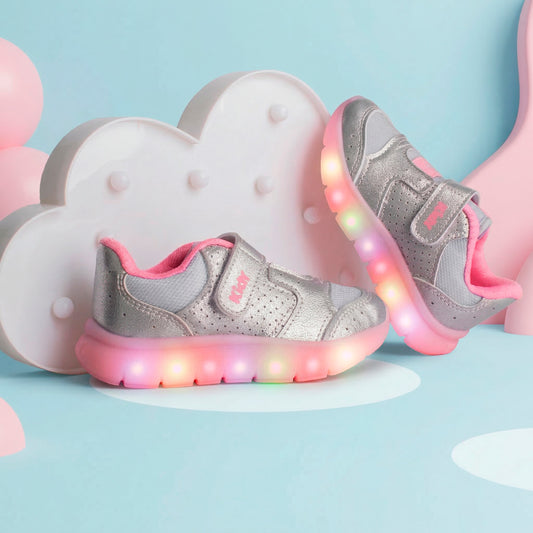 Tênis Infantil Menina Kidy Flex Light Prata com LED Delicado Escolar