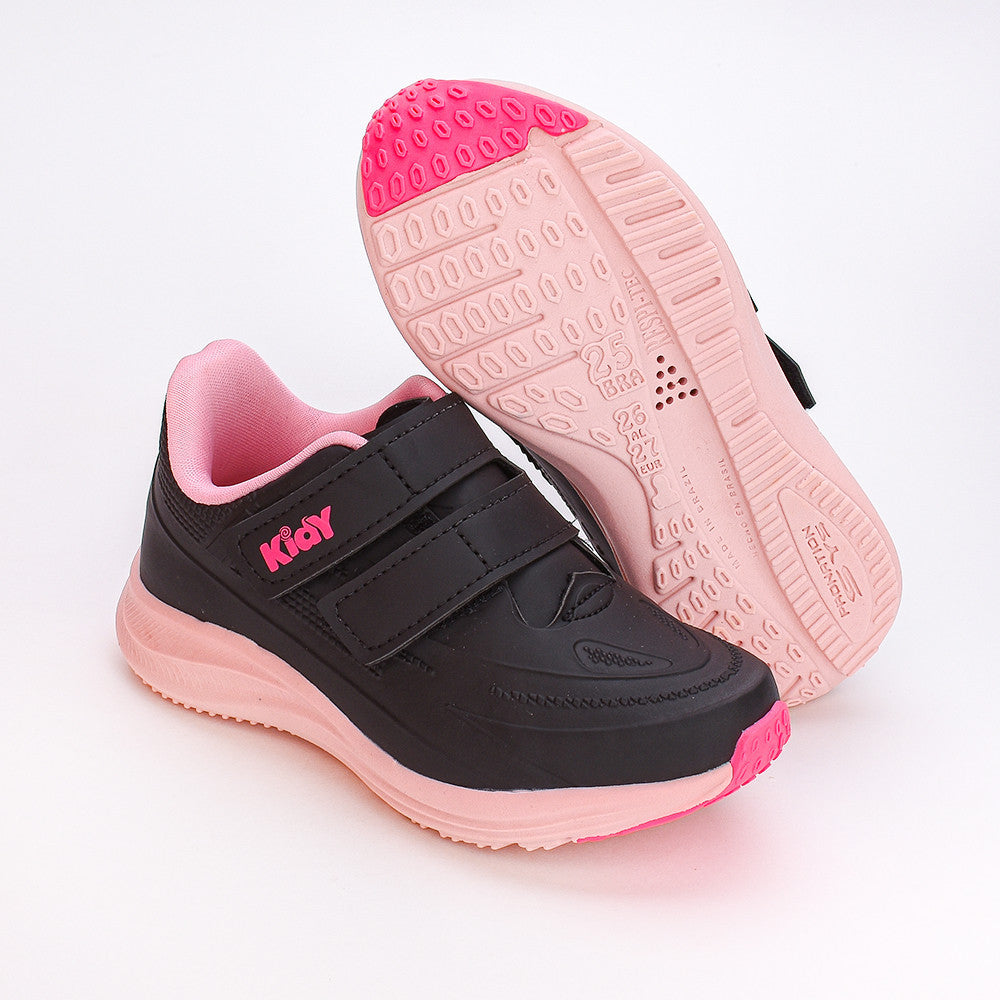 Tênis Menina Infantil Kidy Super Conforto Respitec Preto e Rosa Chiclete
