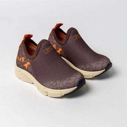 Tênis Infantil Menino Calce Fácil Kidy Energy Baby Respitec Marrom e Laranja + Brinquedo Dino Surpresa Colecionável