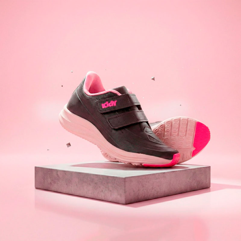 Tênis Menina Infantil Kidy Super Conforto Respitec Preto e Rosa Chiclete