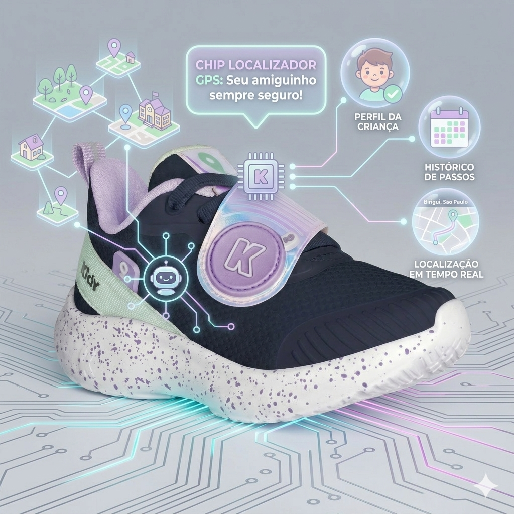 Pré-Venda  Tênis Infantil Menina Kidy Nuvem Localize Marinho e Lilás - Com Chip Localizador