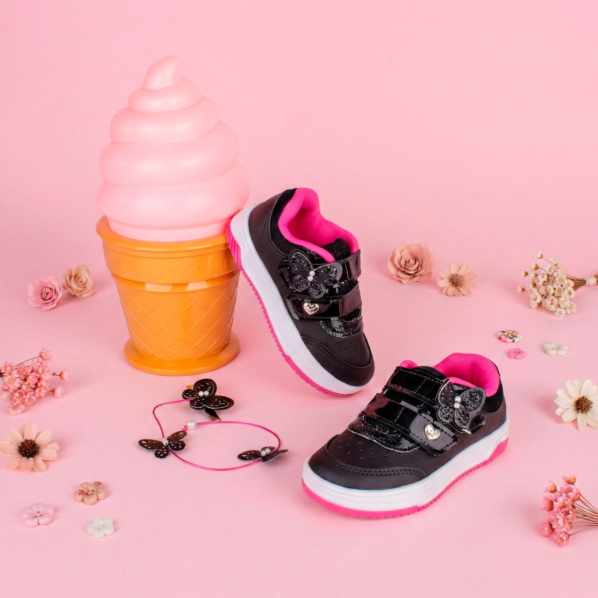 Tênis Infantil Menina  Kidy Happy Preto e Pink  Conforto e Segurança