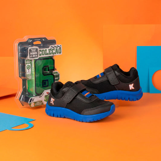 Tênis Infantil Kidy Ultra Flex Preto Azul e Laranja + Brinquedo