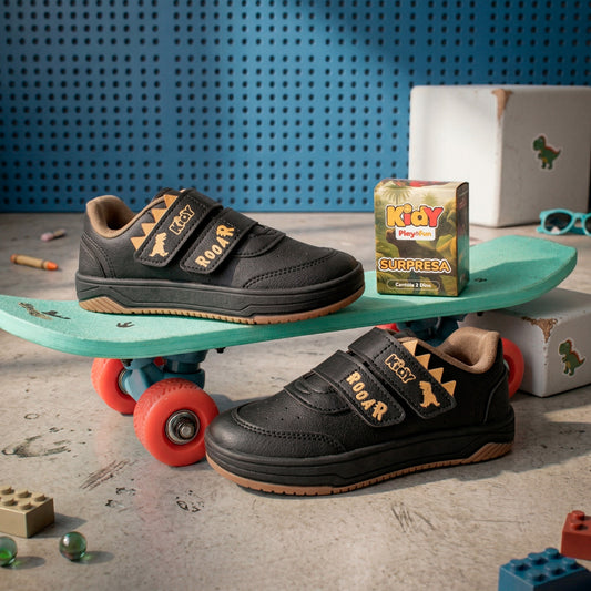 Tênis Infantil Kidy Happy Preto e Caramelo Dino Surpresa