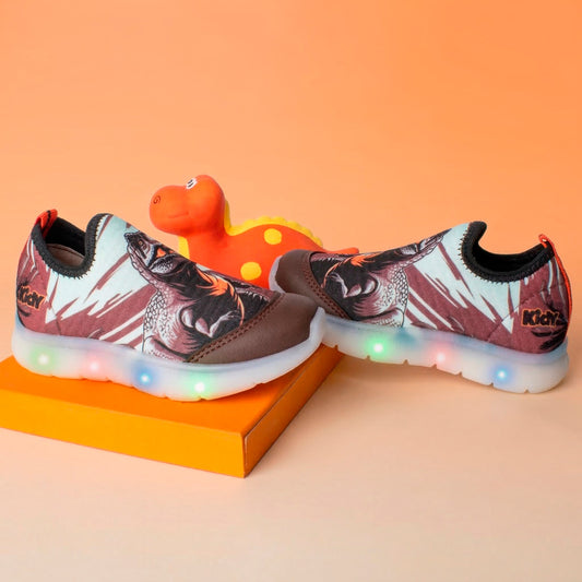 Tênis Infantil Menino Kidy Dinossauros Flex Ligth Marrom Laranja