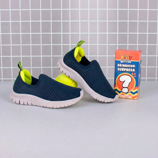 Tênis Infantil Menino Kidy Ultra Flex Marinho e Amarelo Neon + Caixa Surpresa