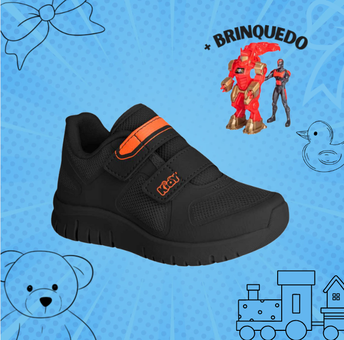 Tênis Menino Infantil Kidy Ultra Flex Preto e Laranja Neon