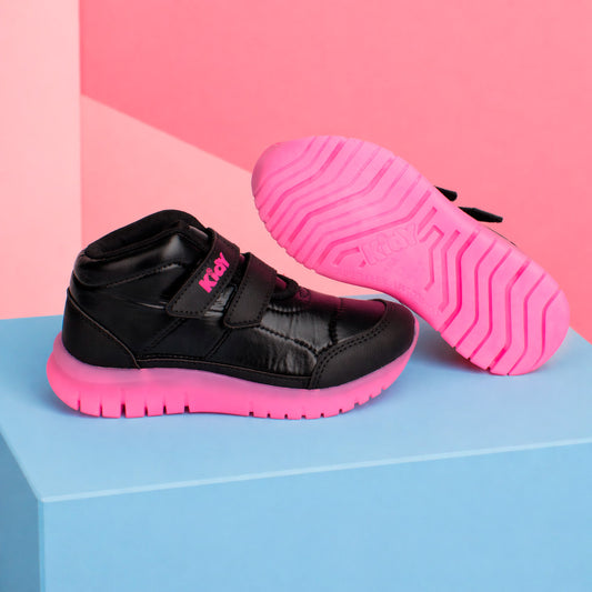 Tênis Infantil Menina Kidy Ultra Flexivel Preto/Pink Velcro Duplo Cano Alto