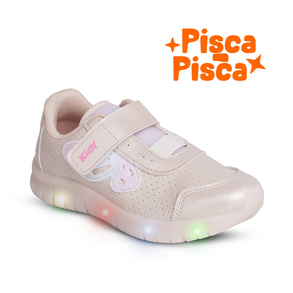 Tênis Infantil Menina Kidy Light Fun Led Marfim Delicado Pisca-Pisca e Velcro