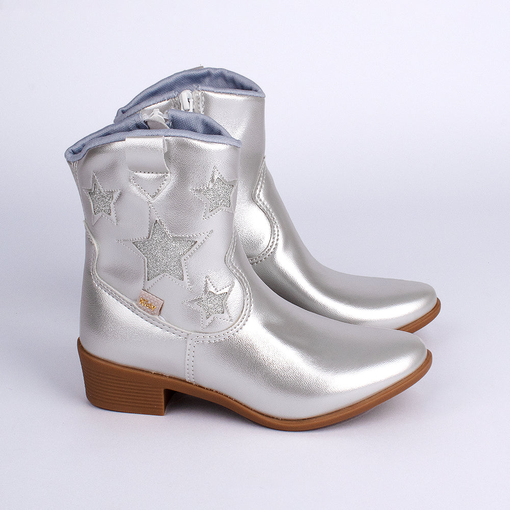 Bota Infantil Menina Kidy Folk Boho Prata com Estrelas Conforto e Estilo