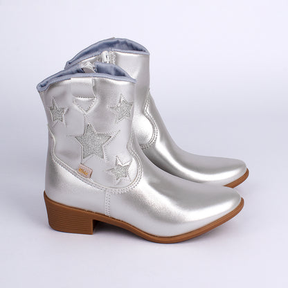 Bota Infantil Menina Kidy Folk Boho Prata com Estrelas Conforto e Estilo