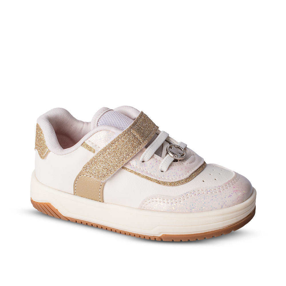 Tênis Infantil Menina Kidy Happy Off White com Glitter Dourado Velcro