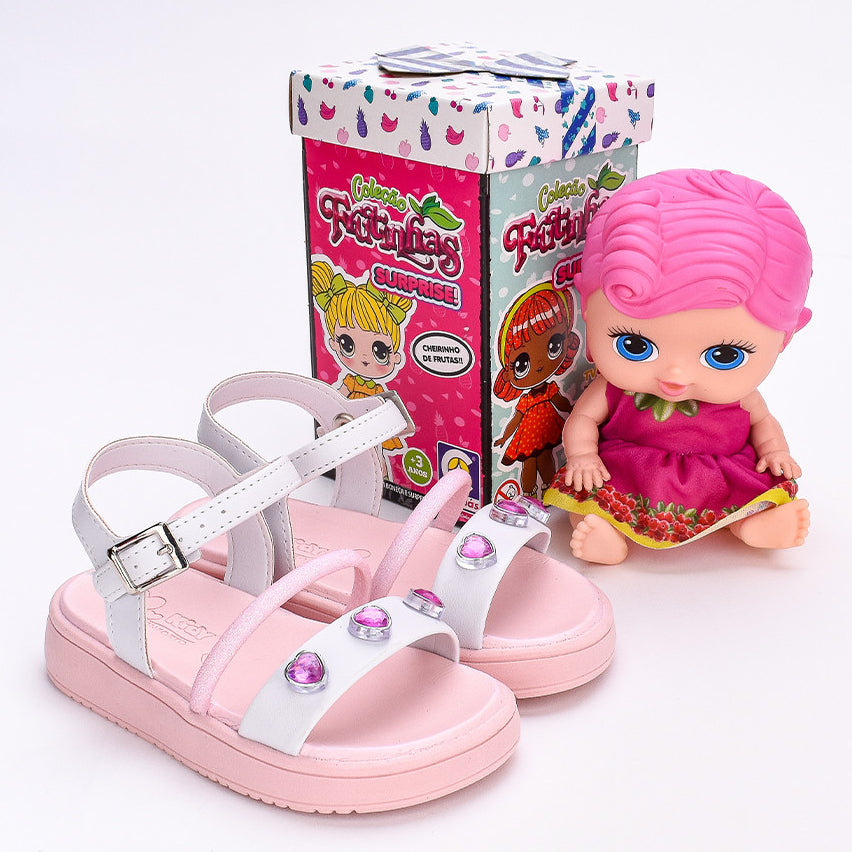 SANDÁLIA MENINA KIDY MINI FLAT FORM BRANCO/ROSA COM BRINQUEDO