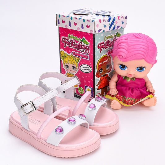 SANDÁLIA MENINA KIDY MINI FLAT FORM BRANCO/ROSA COM BRINQUEDO