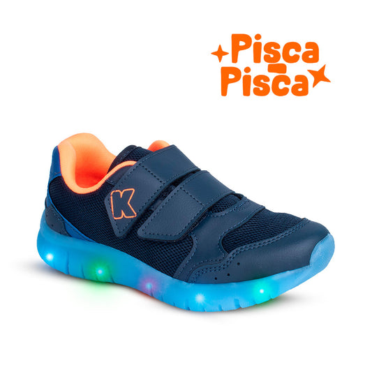 Tênis Infantil Menino Kidy Led Marinho Azul e Laranja Pisca-Pisca e Velcro Duplo