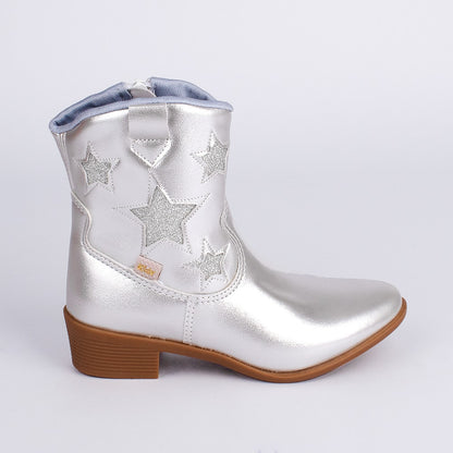 Bota Infantil Menina Kidy Folk Boho Prata com Estrelas Conforto e Estilo