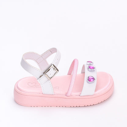 SANDÁLIA MENINA KIDY MINI FLAT FORM BRANCO/ROSA COM BRINQUEDO