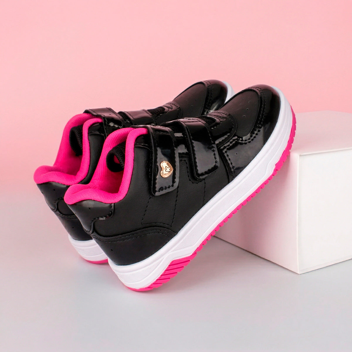 Tênis Infantil Menina Kidy Happy Preto e Pink Velcro Duplo 22 ao 27