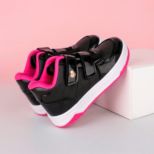 Tênis Infantil Menina Kidy Happy Preto e Pink Velcro Duplo 22 ao 27