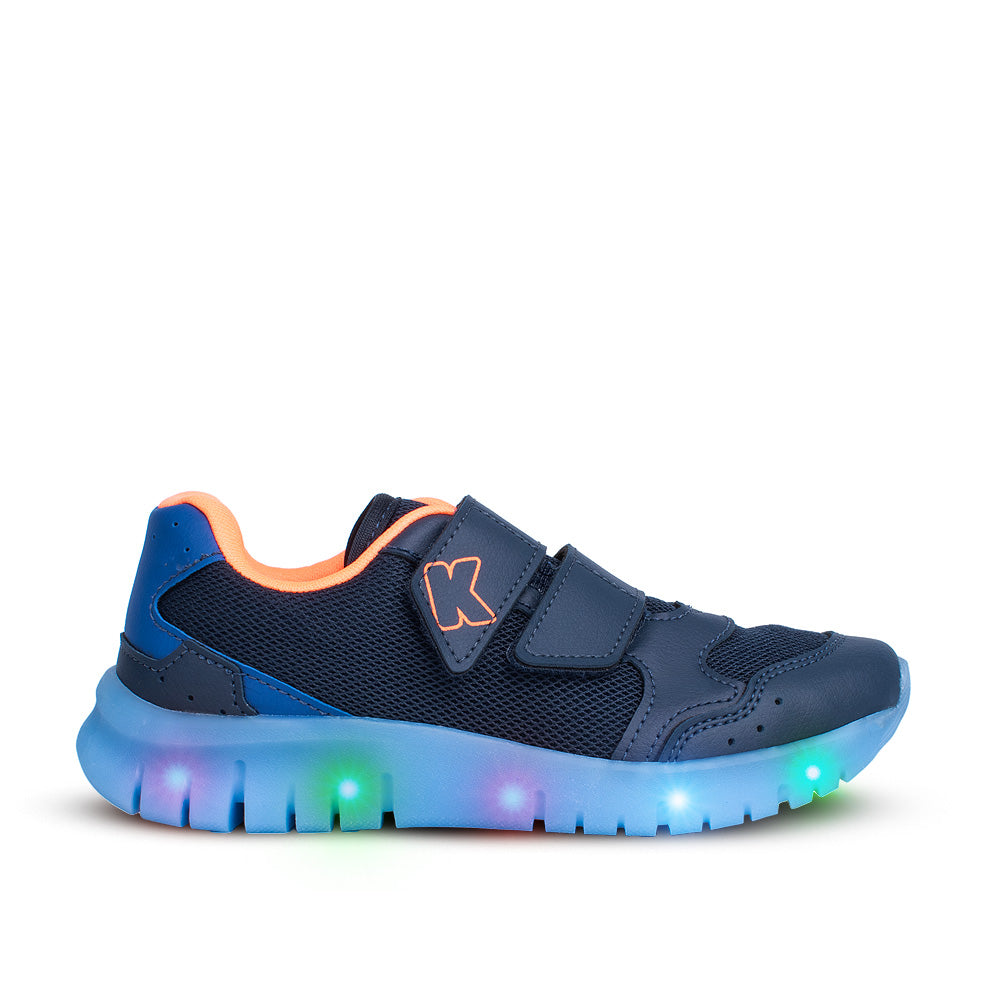 Tênis Infantil Menino Kidy Led Marinho Azul e Laranja Pisca-Pisca e Velcro Duplo