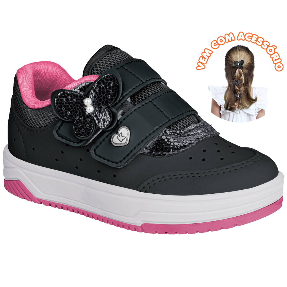 Tênis Infantil Menina  Kidy Happy Preto e Pink  Conforto e Segurança