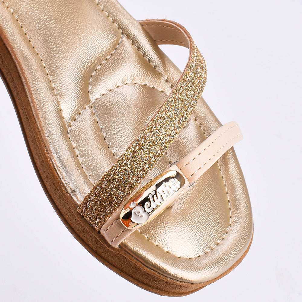 Rasteira Flat Menina Infantil Kidy Marfim e Ouro