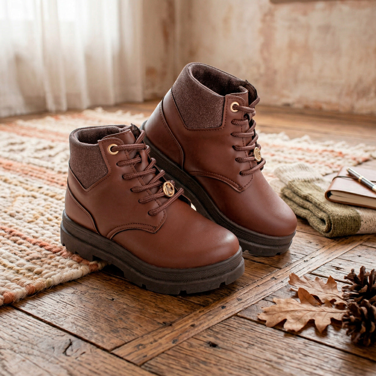 Bota Coturno Infantil Menina Kidy Style Camel Delicada Com Cadarço