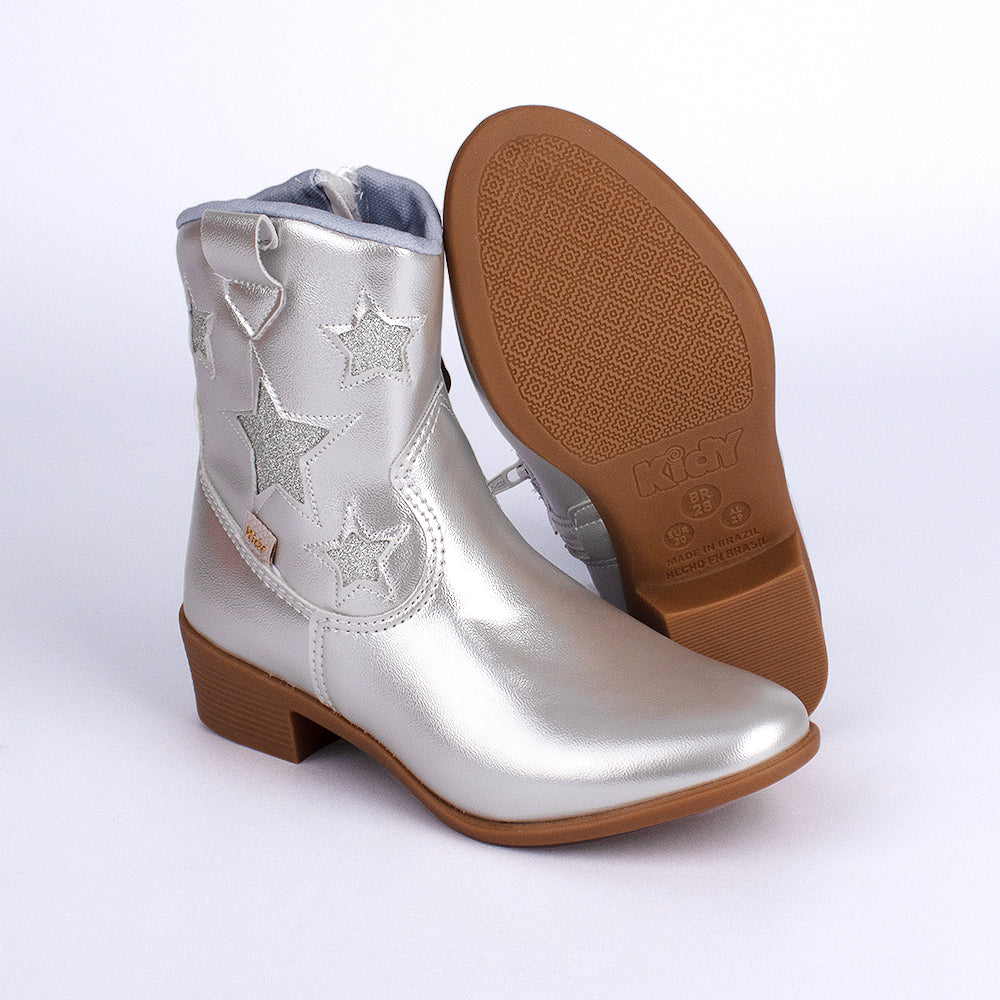 Bota Infantil Menina Kidy Folk Boho Prata com Estrelas Conforto e Estilo