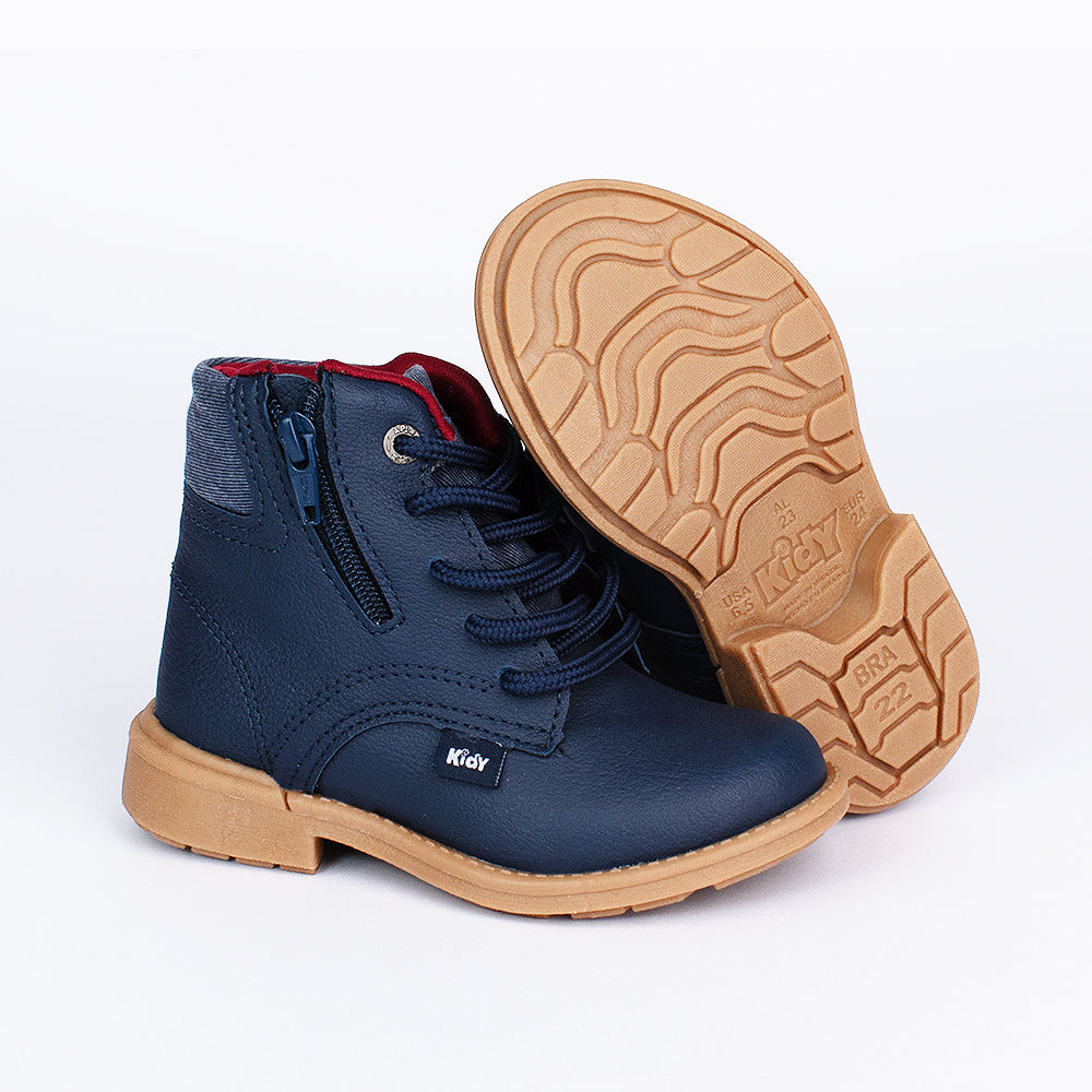 Bota Coturno Infantil Kidy com Zíper Azul Marinho Marrom