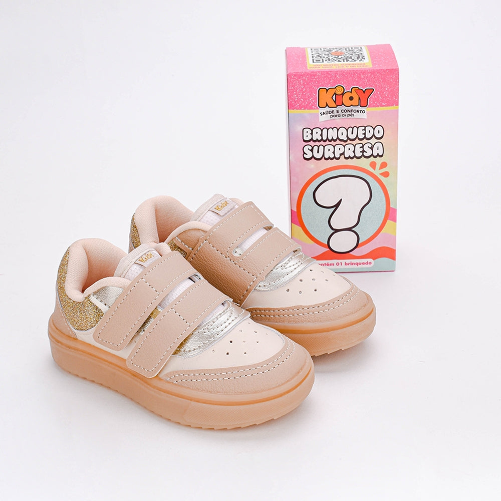 TÊNIS INFANTIL MENINA KIDY HAPPY BEGE/OURO BRINQUEDO SURPRESA