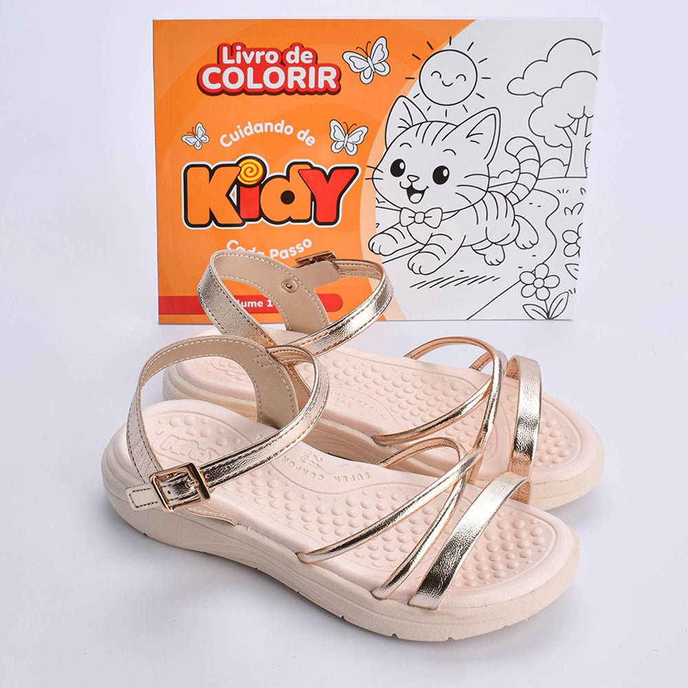 Kit Sandália infantil Menina Fly Ouro e Livro Bob Goods - Kidy Calçados - Sandália e Papete