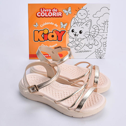Kit Sandália infantil Menina Fly Ouro e Livro Bob Goods - Kidy Calçados - Sandália e Papete