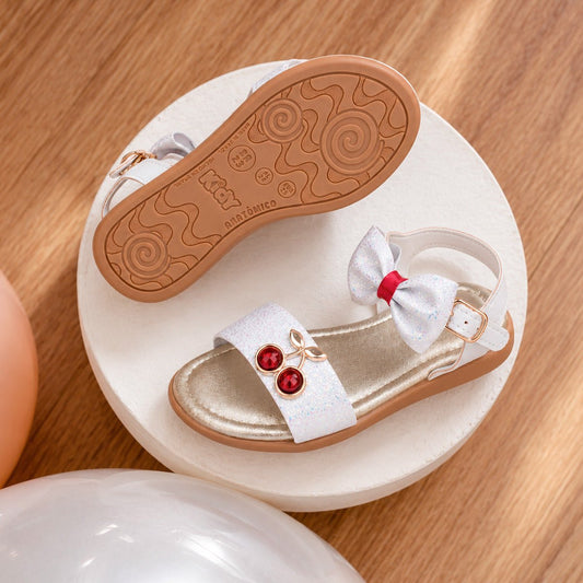 Sandália Infantil Menina Kidy Cristal Branco e Vermelho Cereja Delicada Flat - Kidy Calçados -