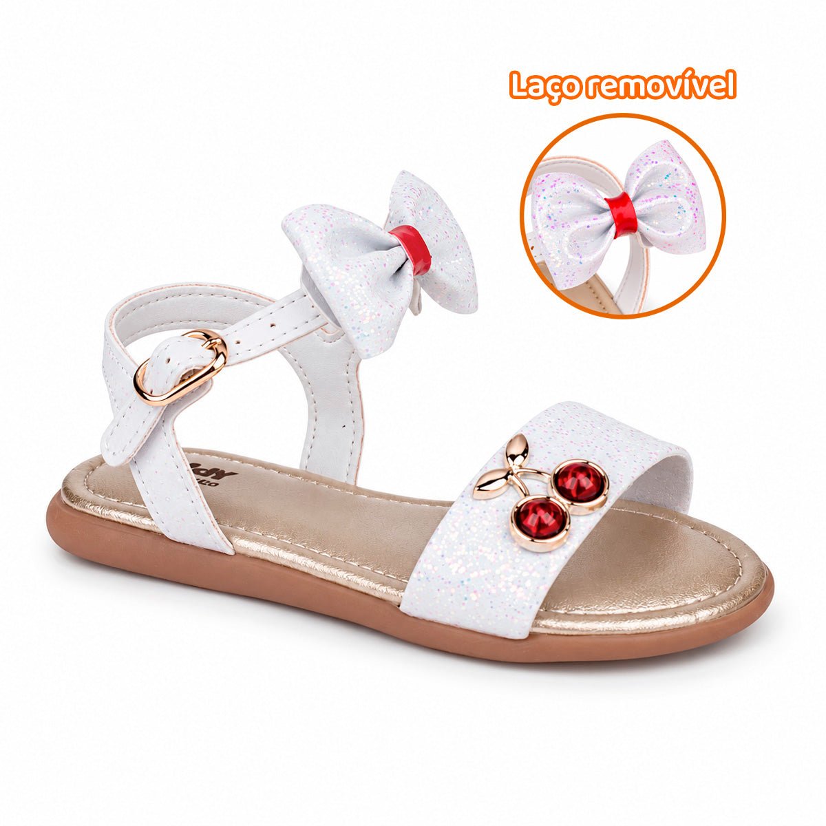 Sandália Infantil Menina Kidy Cristal Branco e Vermelho Cereja Delicada Flat - Kidy Calçados -