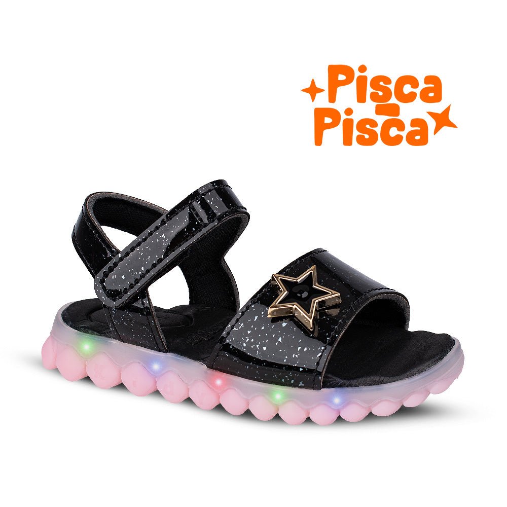 Sandália Infantil Menina Kidy Preto Brinca Flex Preto Estrela Luz E Led - Kidy Calçados -