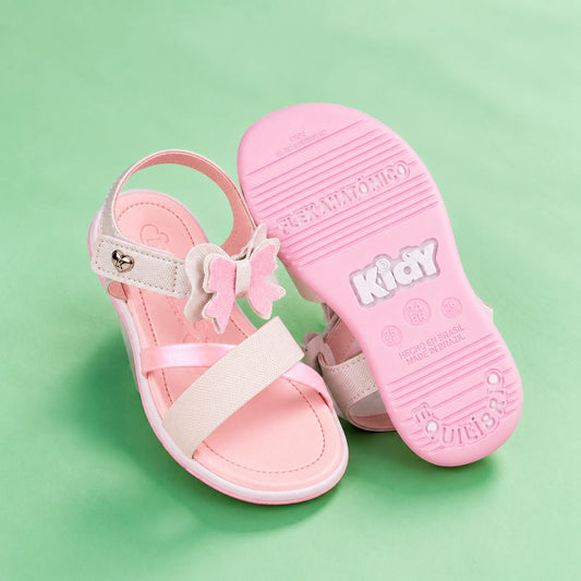 Sandália Infantil Meninas Kidy Off White/Rosa com Borboleta Velcro - Kidy Calçados -