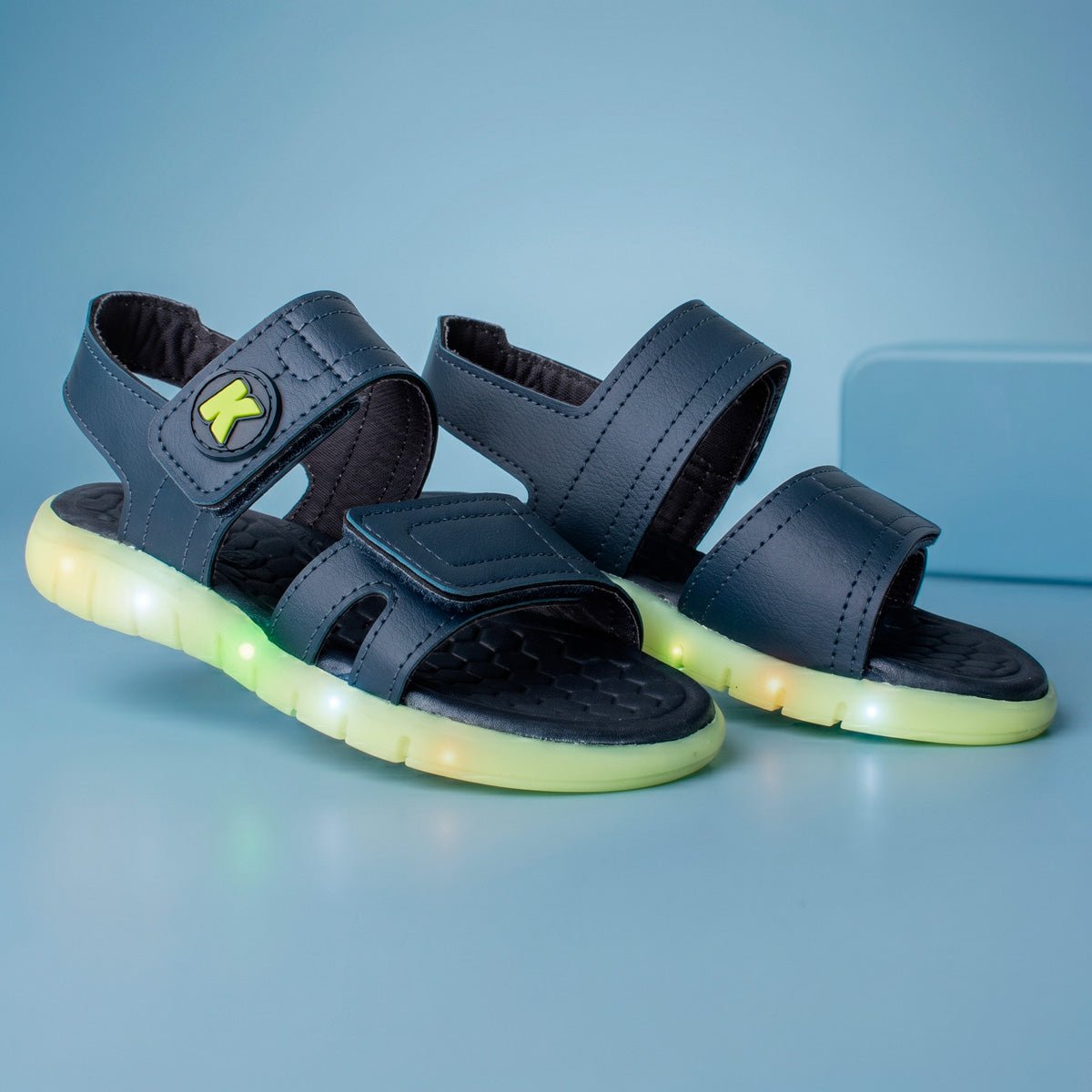 Sandália Infantil Menino Kidy Wave Light Marinho e Verde Neon Pisca - Pisca e Velcro - Kidy Calçados - 