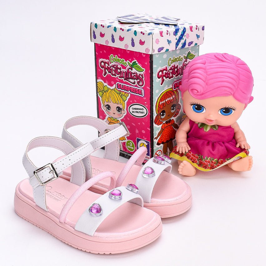 SANDÁLIA MENINA KIDY MINI FLAT FORM BRANCO/ROSA COM BRINQUEDO - Kidy Calçados - 