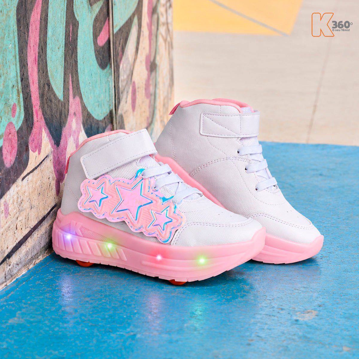 Tênis Infantil Menina Kidy K360 de Rodinha Branco/Rosa Luz e Led - Kidy Calçados -