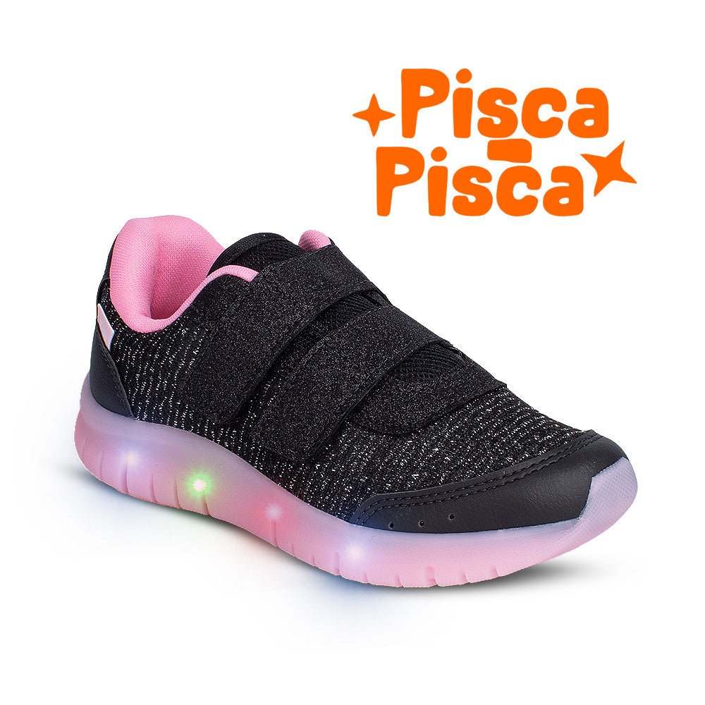 Tênis Infantil Menina Kidy Light Fun Led Preto Pisca - Pisca e Velcro Duplo - Kidy Calçados - 