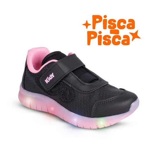 Tênis Infantil Menina Kidy Light Fun Preto e Rosa Pisca - Pisca e Velcro - Kidy Calçados - 