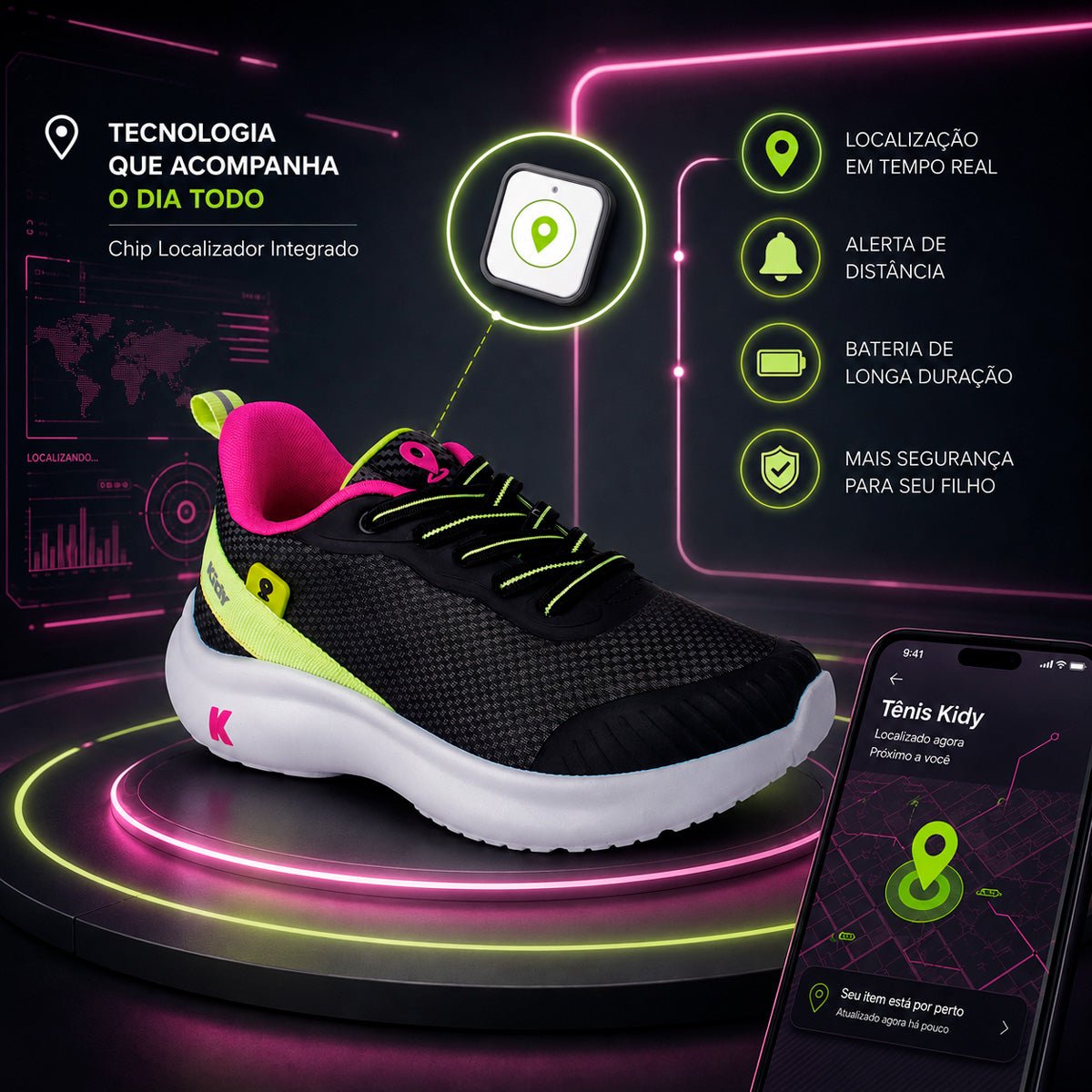 Tênis Infantil Menina Kidy Nuvem Localize Preto, Pink e Neon - Com Chip Localizador - Kidy Calçados - Tênis