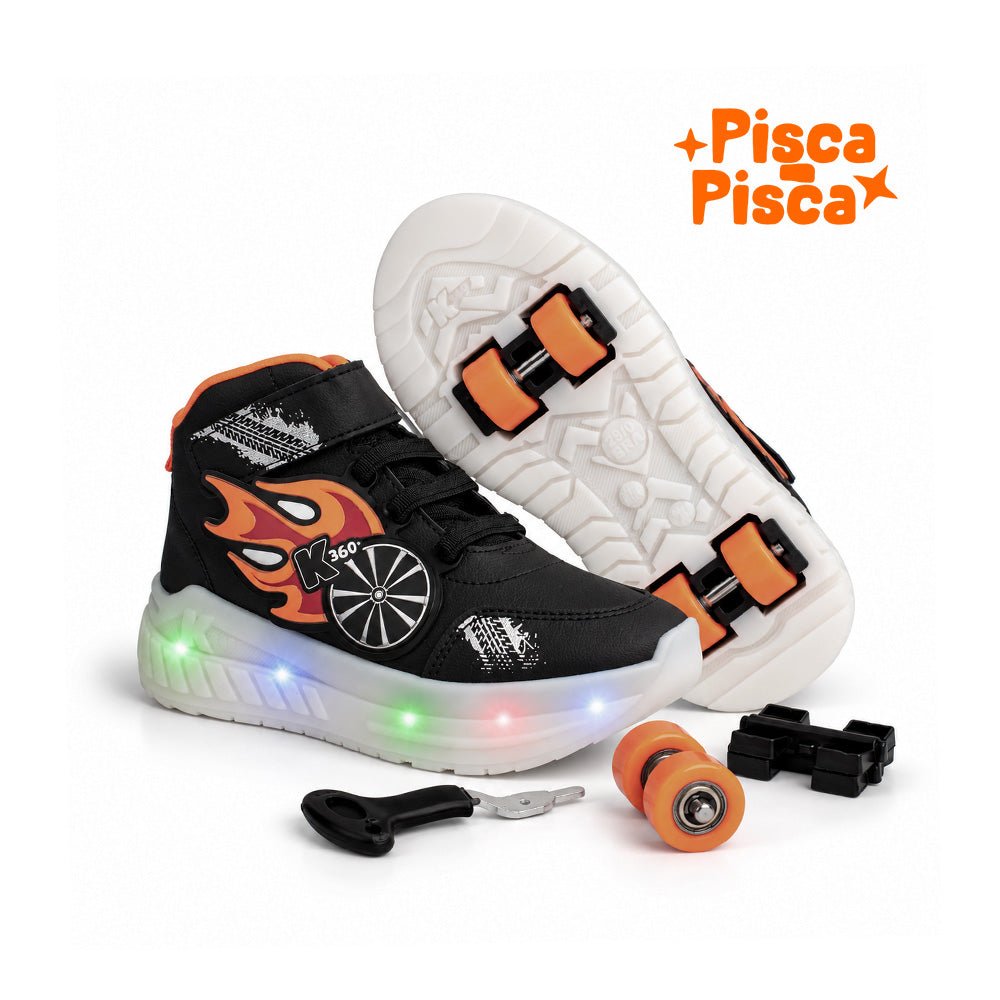 Tênis Infantil Menino Kidy K360 de Rodinha Preto/Laranja Luz e Led - Kidy Calçados -