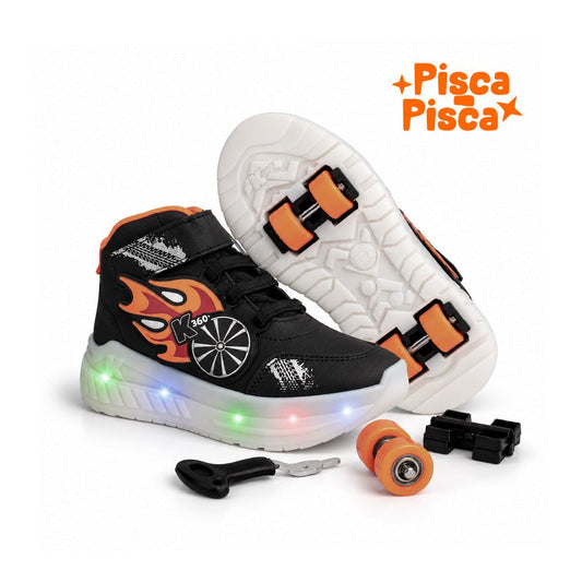 Tênis Infantil Menino Kidy K360 de Rodinha Preto/Laranja Luz e Led - Kidy Calçados -