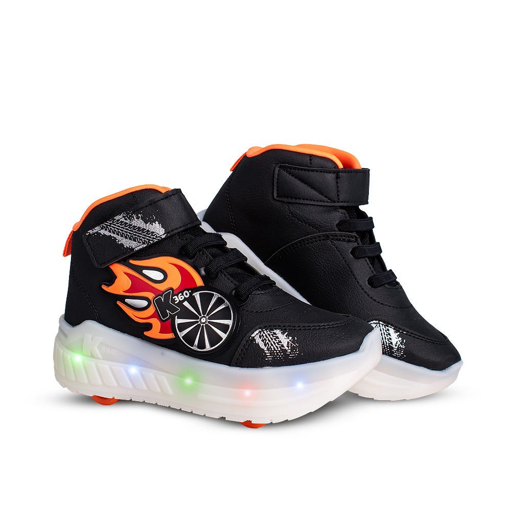 Tênis Infantil Menino Kidy K360 de Rodinha Preto/Laranja Luz e Led - Kidy Calçados -
