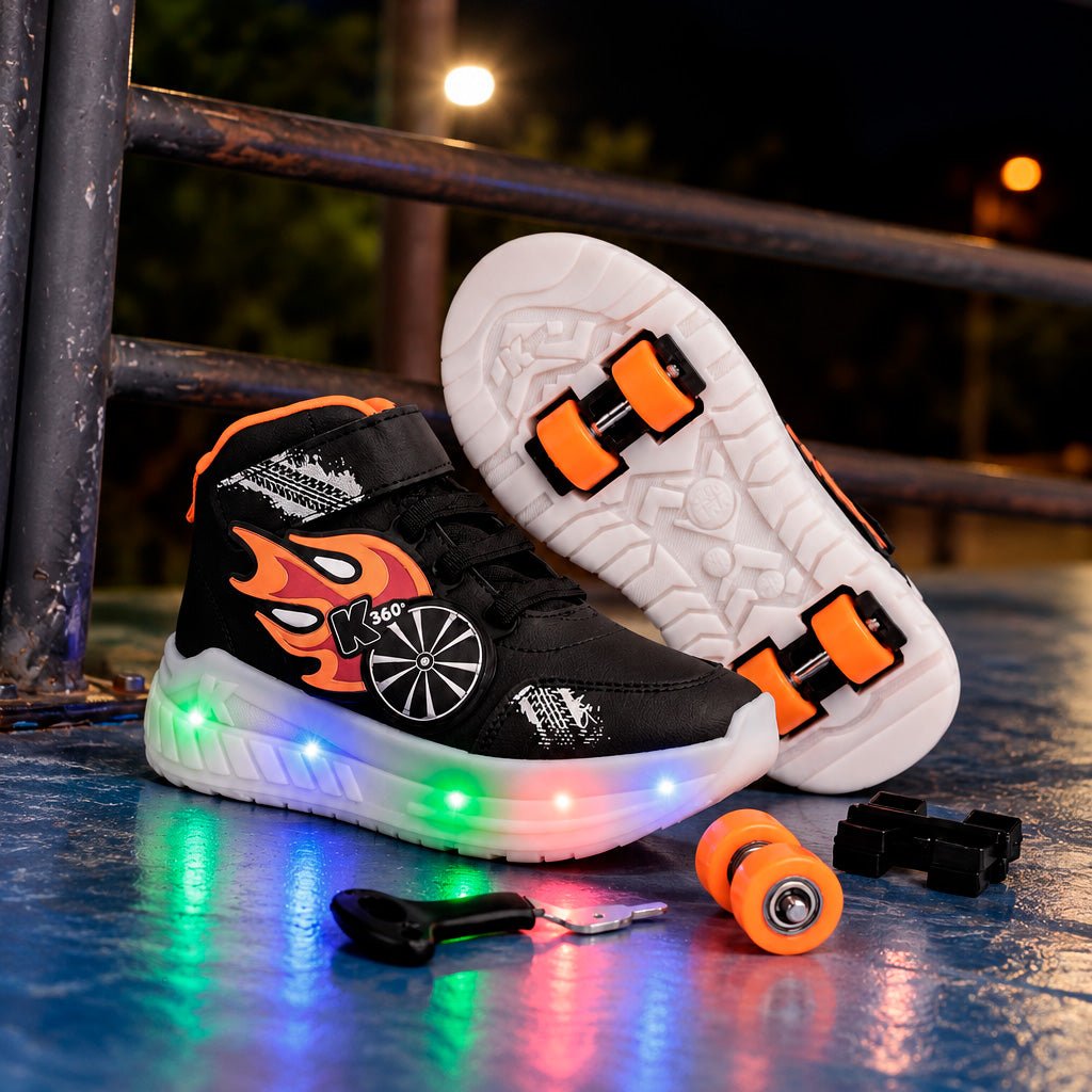 Tênis Infantil Menino Kidy K360 de Rodinha Preto/Laranja Luz e Led - Kidy Calçados -