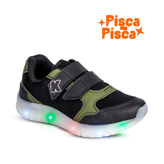 Tênis Infantil Menino Kidy Led Preto e Verde Militar Pisca - Pisca e Velcro - Kidy Calçados - 