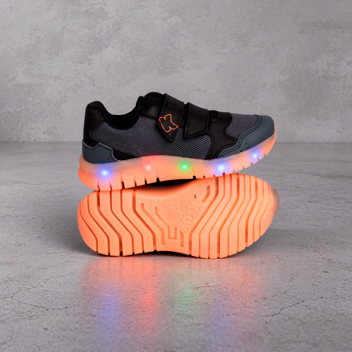 Tênis Infantil Menino Kidy Light Fun Grafite e Laranja Pisca - Pisca e Velcro Duplo - Kidy Calçados - 
