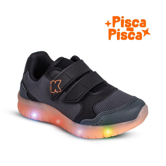 Tênis Infantil Menino Kidy Light Fun Grafite e Laranja Pisca - Pisca e Velcro Duplo - Kidy Calçados - 
