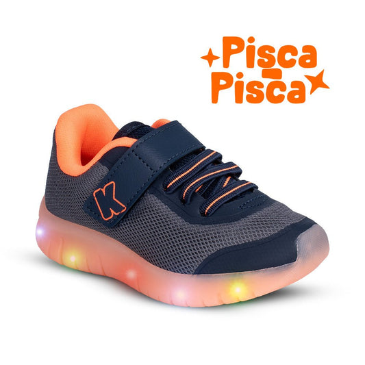 Tênis Infantil Menino Kidy Light Fun Marinho Grafite e Laranja Neon Pisca - Pisca e Velcro - Kidy Calçados - 